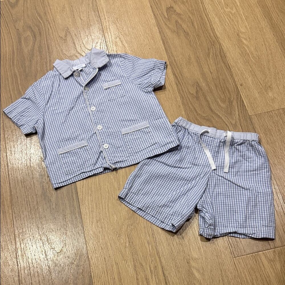 Jacadi Light Blue and White Gingham Shirt and Shorts Set Size 2 Years